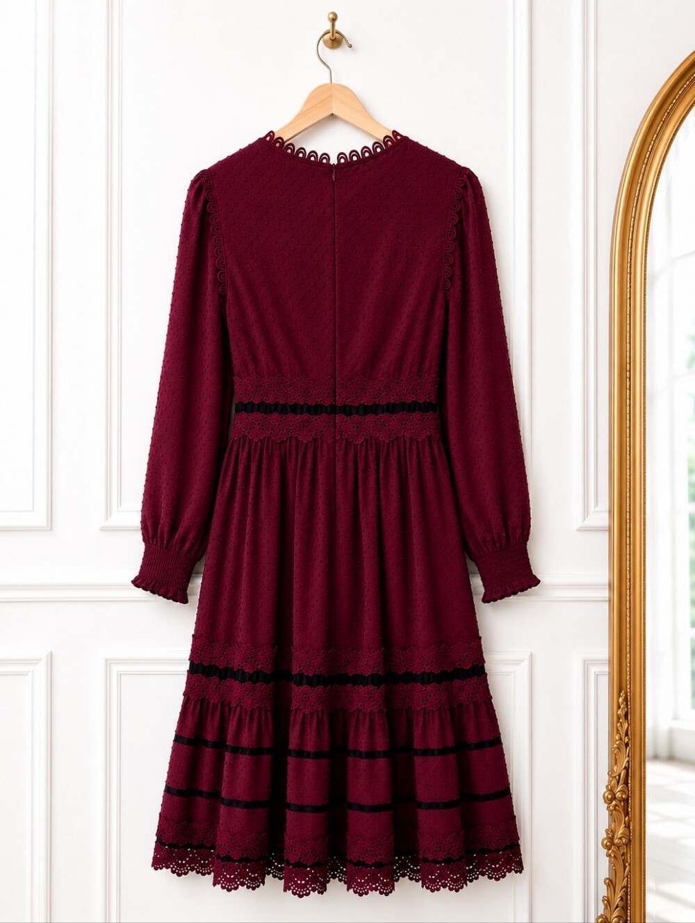 Just Me Burgundy Swiss Dot Lace Midi Dress Size Medium Long Sleeve Romantic - Picture 6 of 8